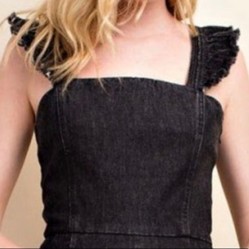 HONEY Punch Black Denim Ruffle Jumper Shorts Onesie Size Lg Retail $68 - Picture 5 of 8